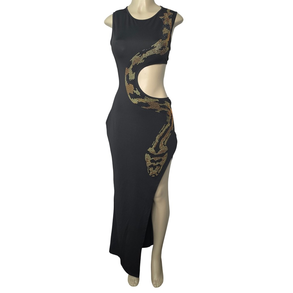 Unbranded Maxi Dress Women XL Black Gold Rhinestone Snake Cutout High Slit Sexy